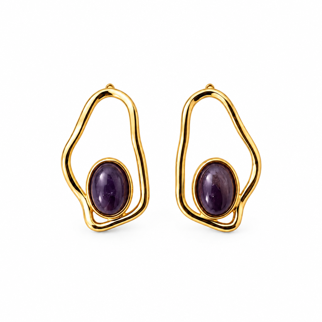Boucles d’Oreilles Dorées – Acier Inoxydable & Perle Nacrée Violette